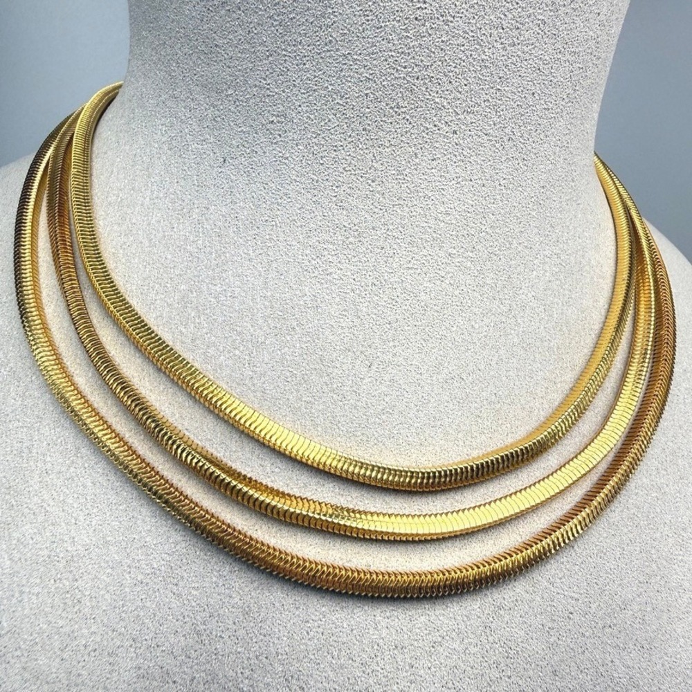 Vintage Triple Strand Snake Chain Necklace Gold Tone 1980s Glam